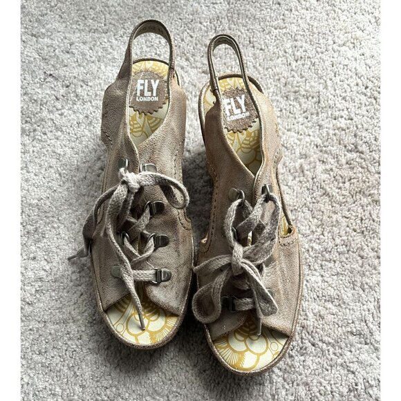 Fly London Flfa Womens Tan Leather lace Up Wedge Peep Toe Sandals size 9 Boho - Picture 1 of 8